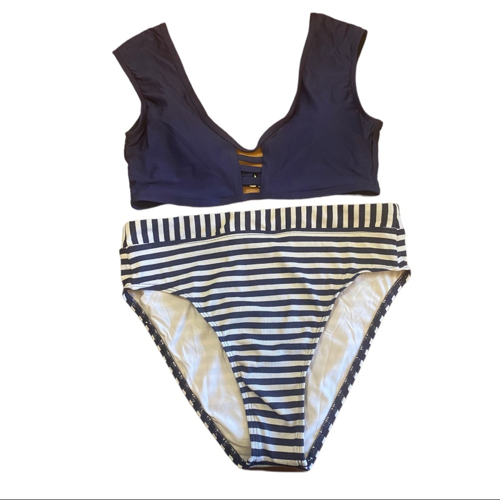 Splendid Bikini Swimsuit Sold Cap Sleeve Top Ribbed High Waist Buttons Medium